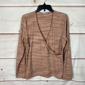 LOFT Outlet Top Womens XL Pink Brown Ribbed Knit Faux Wrap Long Sleeve Pullover